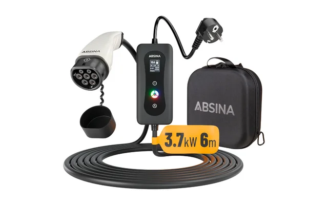 Absina Mobile Ladestation Typ 2 zum Laden an Haushaltsteckdosen mit einstellbarem Ladestrom für Elektroautos 3,7 kW / 8 A – 16 A / 6 Meter