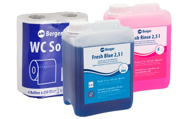 Berger Sanitär Set 3-teilig inkl. Fresh Blue 2,5 l + Fresh Rinse 2,5 l + WC Soft Toilettenpapier