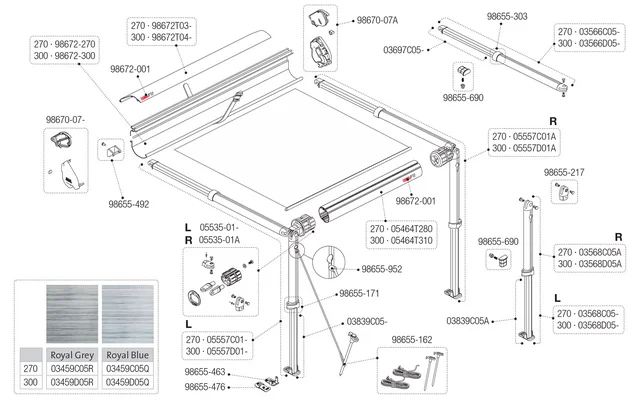 Fiamma Spannstange und Stützfuß 270 links für F35 Pro Fiamma Artikelnummer 05557C01-