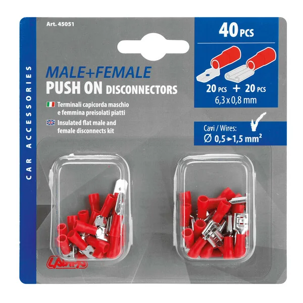 Flachsteckhülse und -stecker für Steckgehäuse 6,3 mm x 0,8 mm – 40er Set