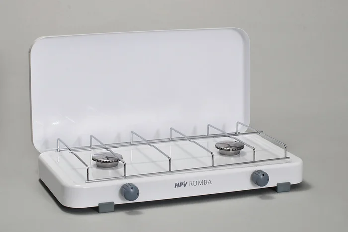 Gaskocher Rumba mit Piezo und Zündsicherung 2-flammig – Weiß – 50 mbar