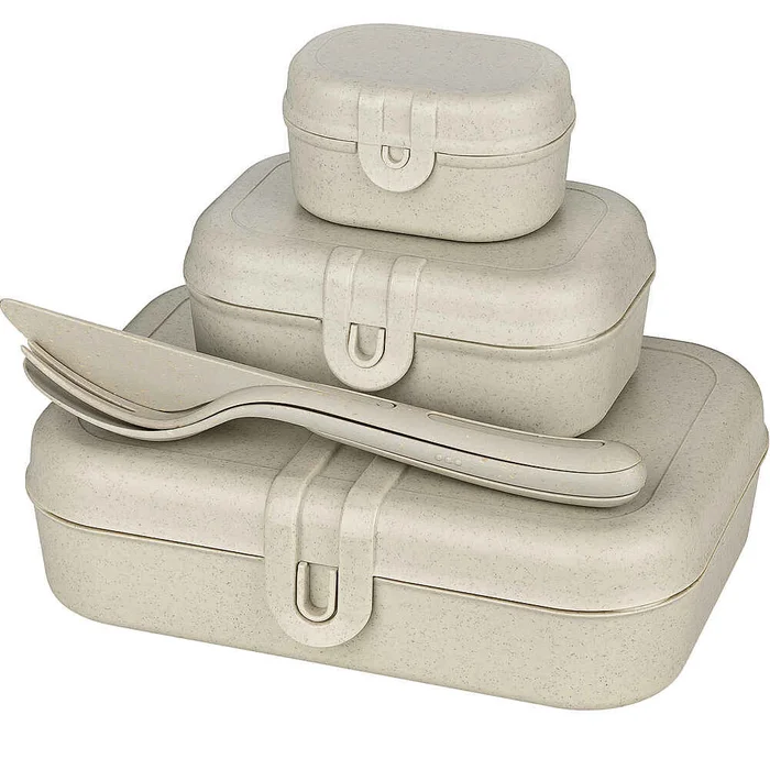 Koziol Lunchbox – und Besteck-Set PASCAL READY, nature desert sand, 4er-Set