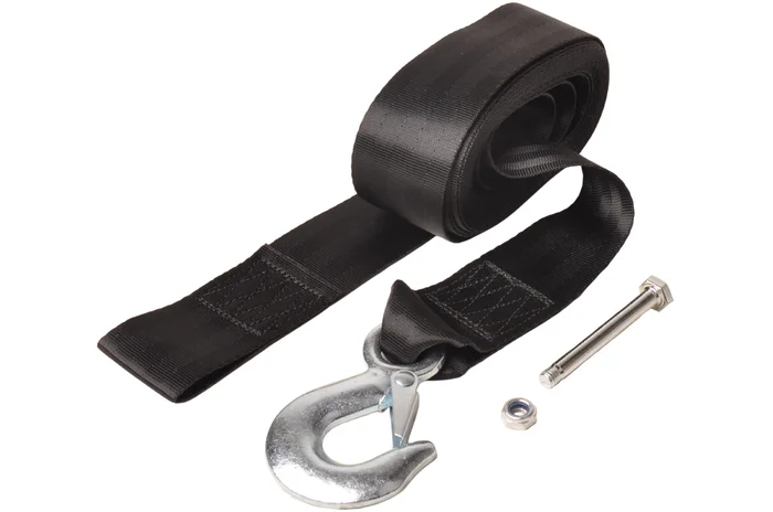 Seilband mit Sicherheitshaken – 5 cm x 6,1 Meter – 612 kg – Schwarz – inkl. Bolzen