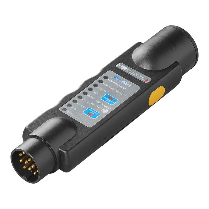 Steckdose Tester 13-polig 12 V. Prüft Blinker, Rücklicht, Bremslicht, Rückfahrlicht und Nebelschlussleuchte. Wird mit 9-Volt-Batterien betrieben. ( nicht enthalten )
